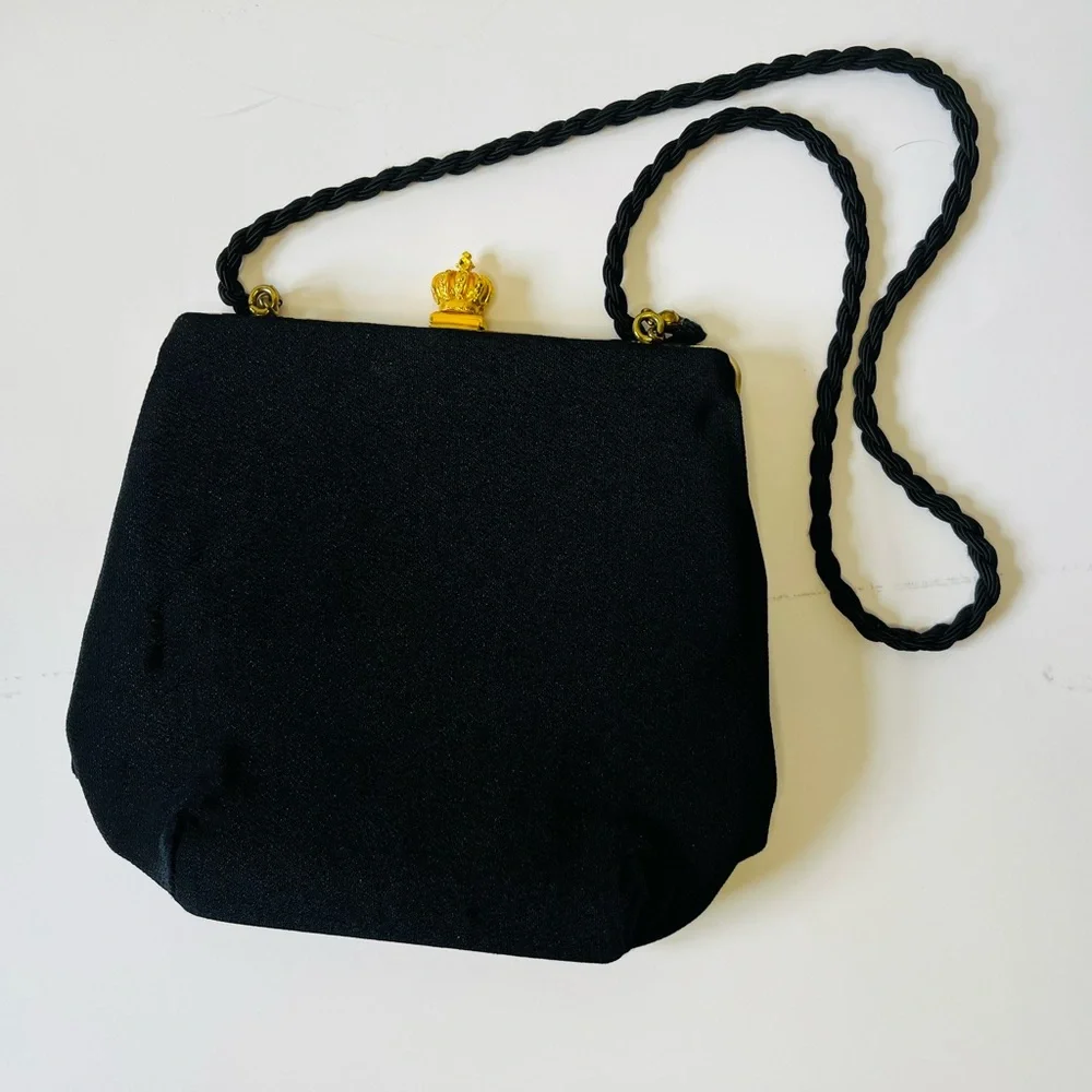 Black canvas purse with gold crown detail 80s 90s evening bag